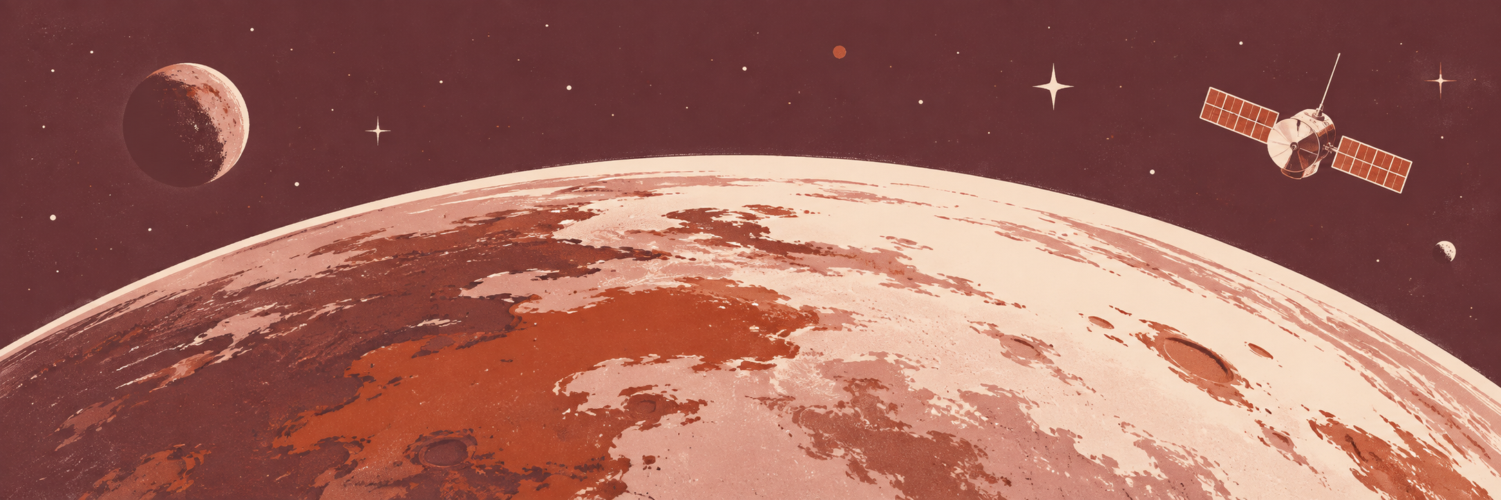 Illustration of a planet, satellite and stars in maroon and cream.