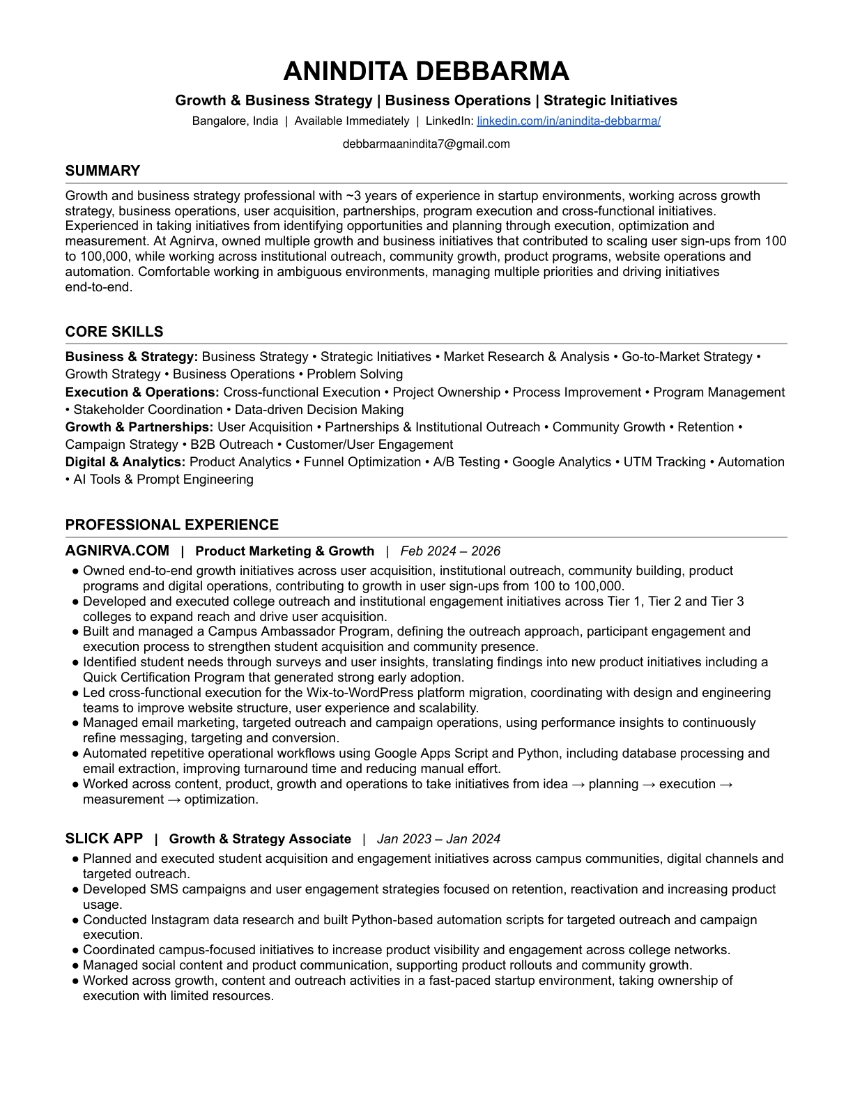Resume page 1: professional summary, core skills, and experience at Agnirva and Slick. Full readable text is available in the linked PDF.