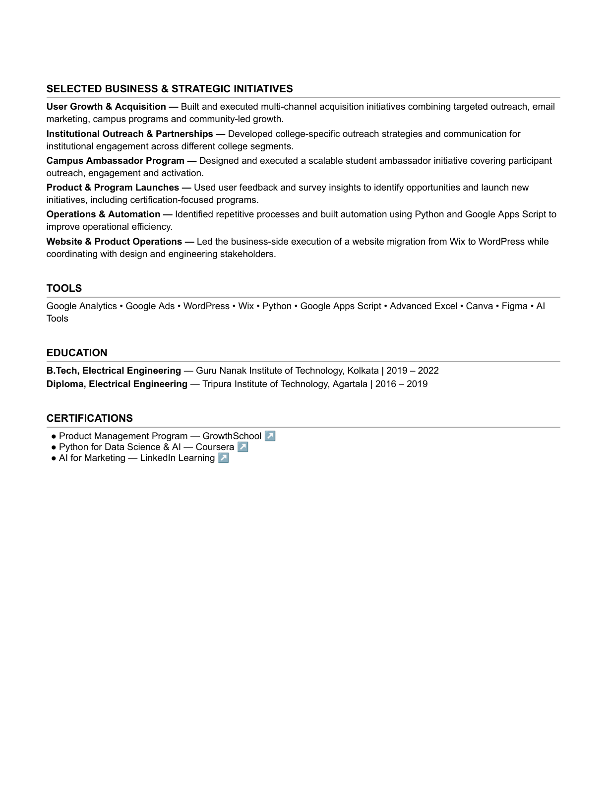 Resume page 2: selected business initiatives, tools, education, and certifications. Full readable text is available in the linked PDF.