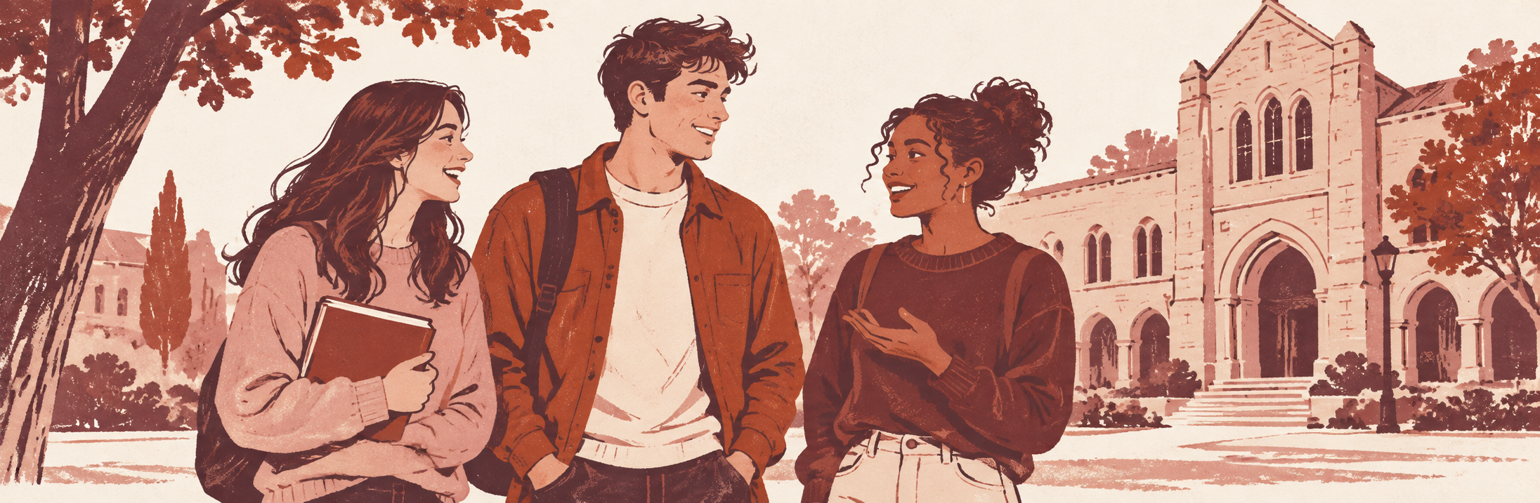 Illustration of university students talking on a college campus.